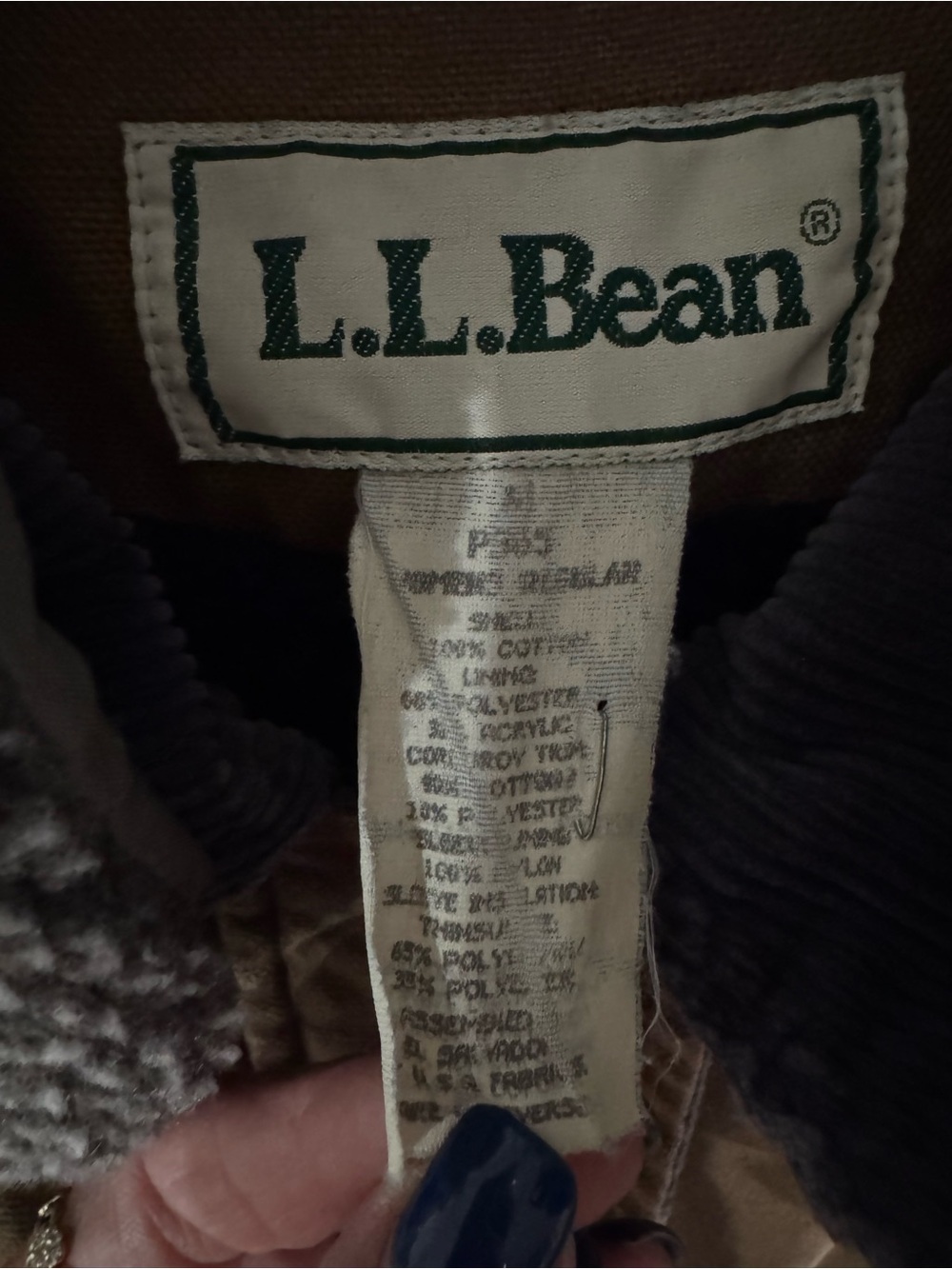 Vintage!!!L.L. Bean White Label with Dark Green Logo on Brown Jacket.